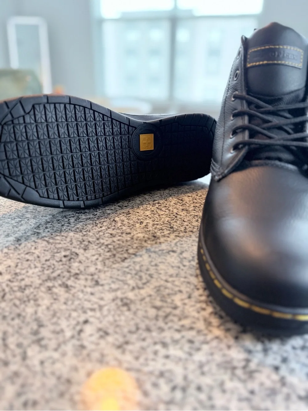 Dr. Martens Black Leather Lace-Up Ankle Boots with Yellow Stitching